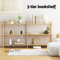 3-tier natural wood bookshelf styled in living room with vases and decor, text: 3-tier bookshelf, 15mm thick MDF