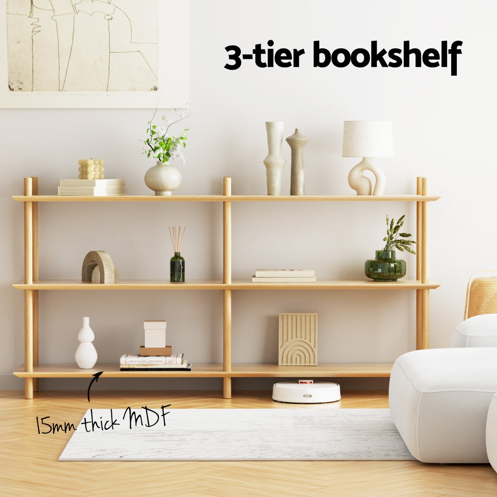 3-tier natural wood bookshelf styled in living room with vases and decor, text: 3-tier bookshelf, 15mm thick MDF