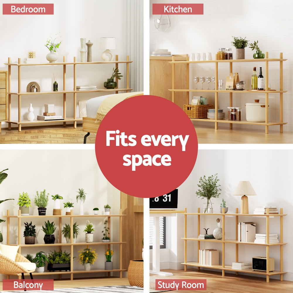 Four-panel collage of natural wood 3-tier open shelf in Bedroom, Kitchen, Balcony and Study Room, text: Fits every space