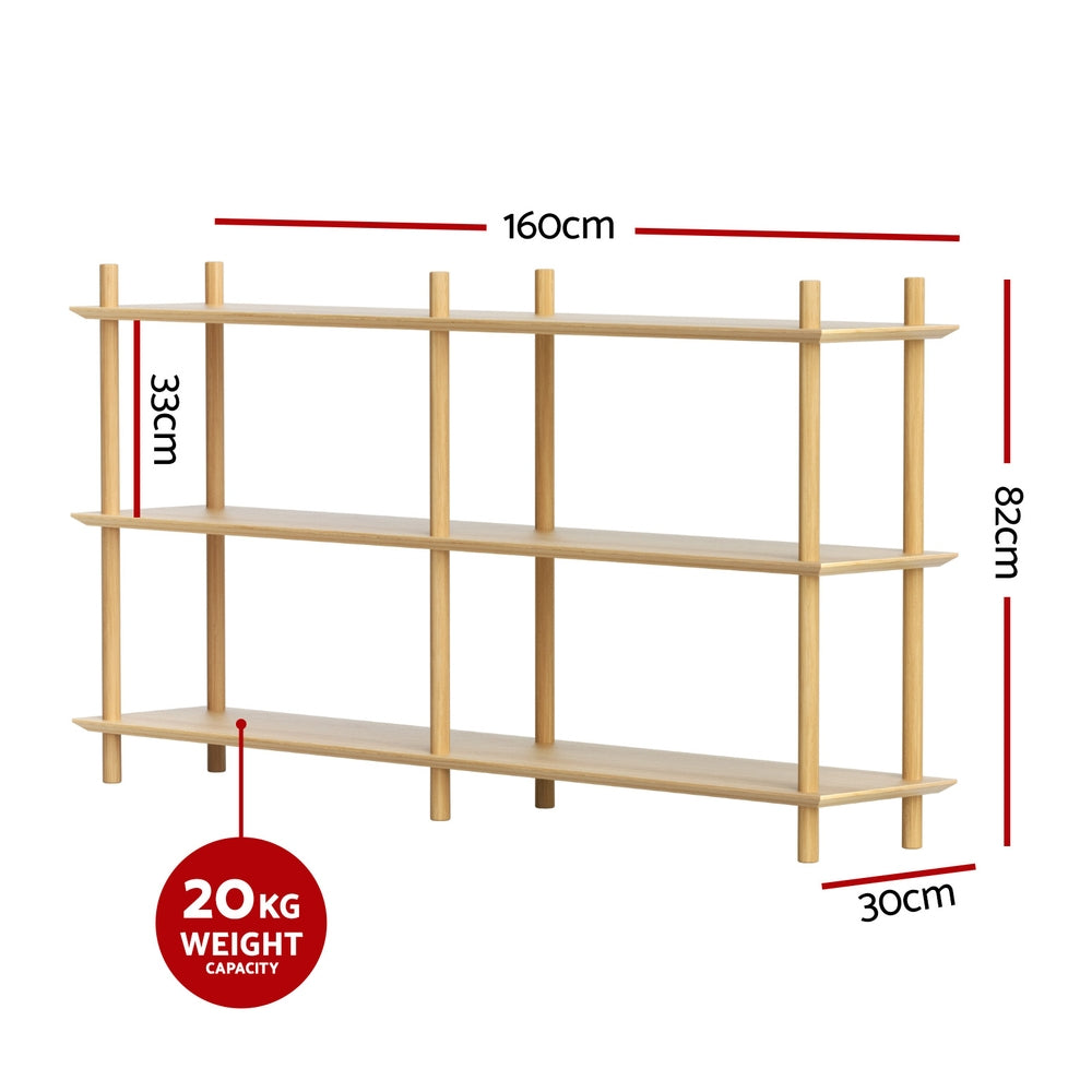 3-tier open shelf dimensions: 160cm wide, 30cm deep, 82cm tall, 33cm shelf height, badge: 20kg weight capacity