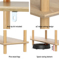 4-panel feature closeup: anti-tip bracket, 45° edge design, pine wood legs, 9cm base clearance for robot vacuum