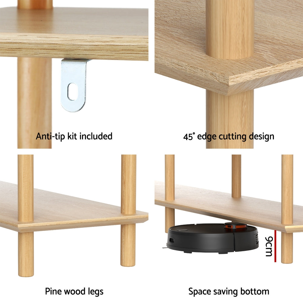 4-panel feature closeup: anti-tip bracket, 45° edge design, pine wood legs, 9cm base clearance for robot vacuum
