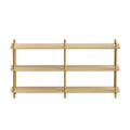 3-tier open shelving unit in natural wood, straight front view on white background, round posts extending above top shelf