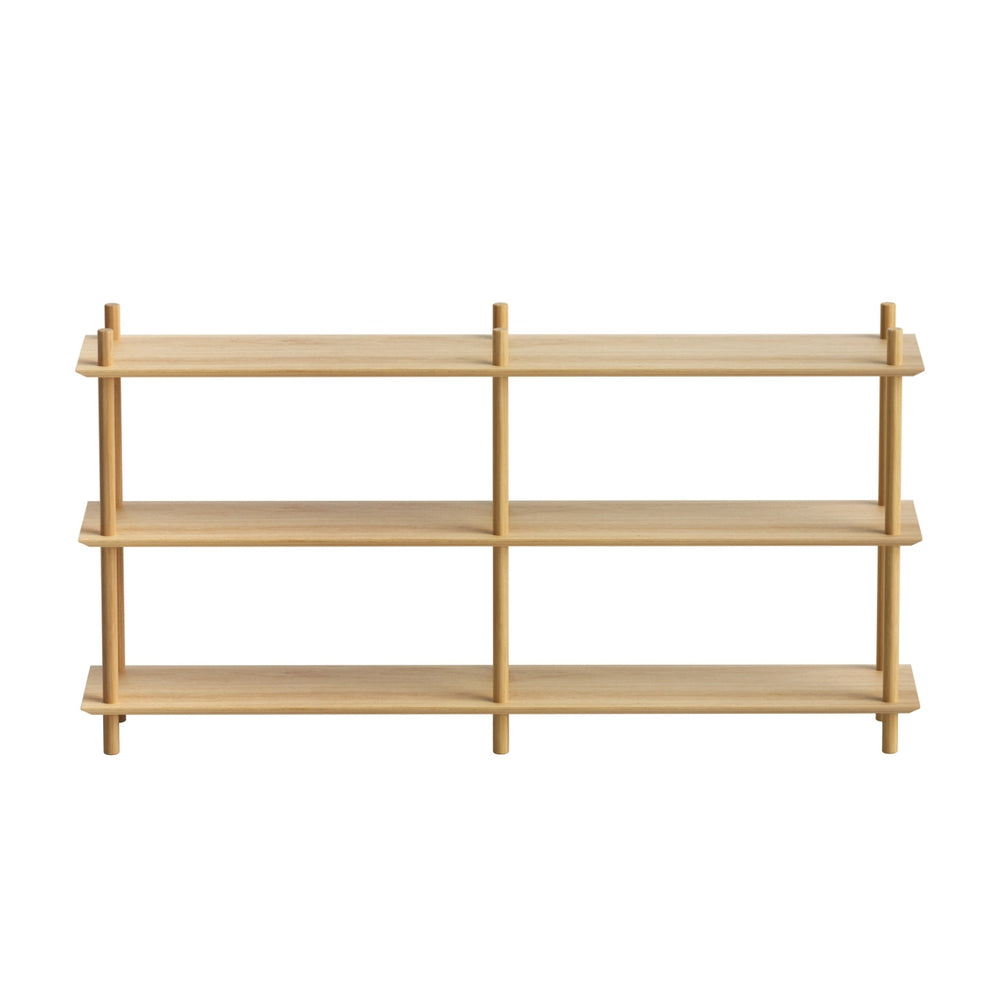 3-tier open shelving unit in natural wood, straight front view on white background, round posts extending above top shelf