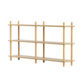 3-tier open shelving unit with round dowel posts in natural wood finish, wide profile, slight angle on white background