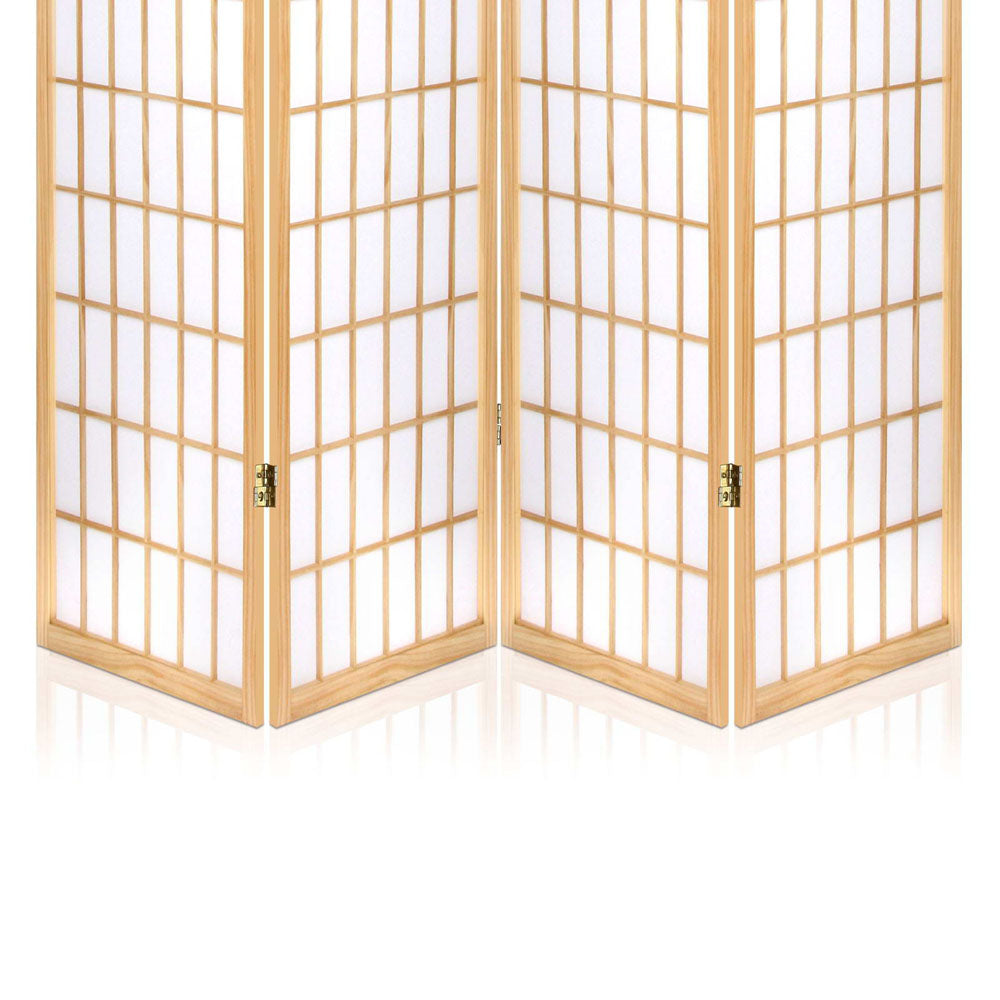 Close-up detail of brass hinges on natural wood 4-panel folding room divider on white background