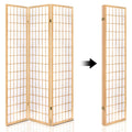 Natural wood 4-panel room divider shown open beside its folded flat position with directional arrow