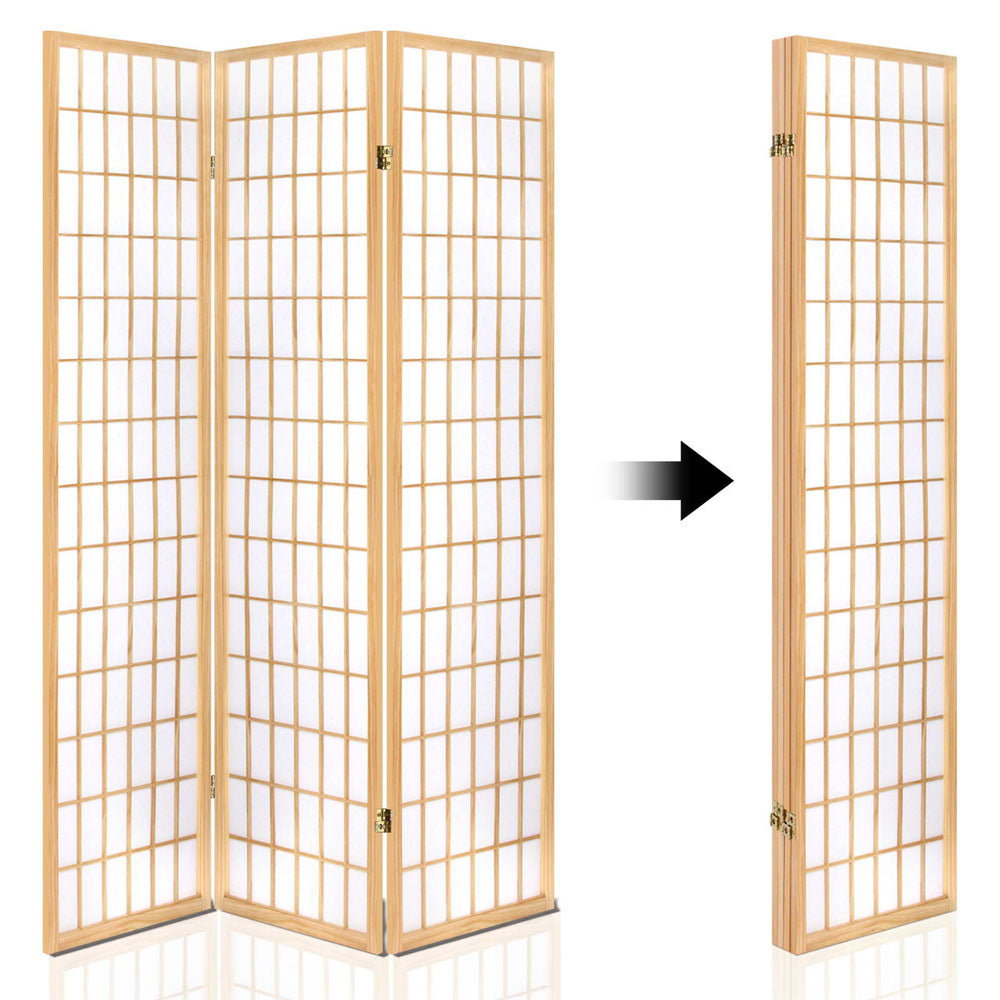 Natural wood 4-panel room divider shown open beside its folded flat position with directional arrow