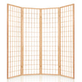 Natural wood 4-panel room divider folding screen in curved arrangement on white background