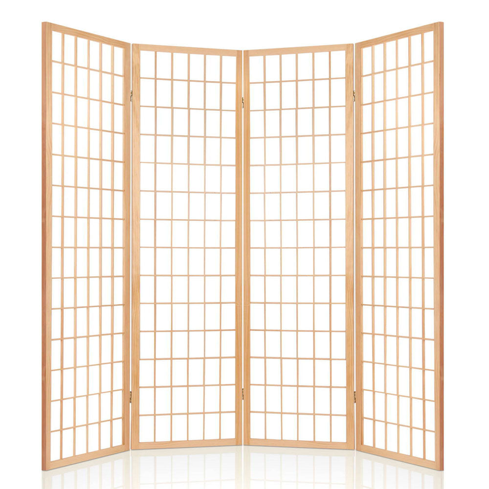 Natural wood 4-panel room divider folding screen in curved arrangement on white background
