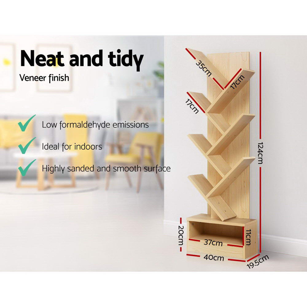Natural wood 7-tier tree bookshelf dimensions: 40cm wide, 124cm tall, 19.5cm deep, text Neat and tidy veneer finish