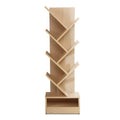 Natural wood 7-tier tree-shaped bookshelf with diagonal shelves and base storage shelf, front view on white background