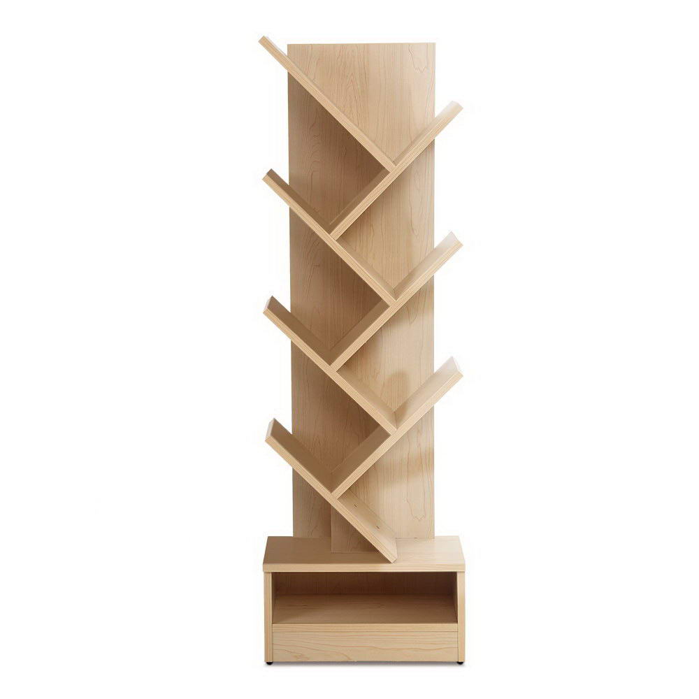 Natural wood 7-tier tree-shaped bookshelf with diagonal shelves and base storage shelf, front view on white background