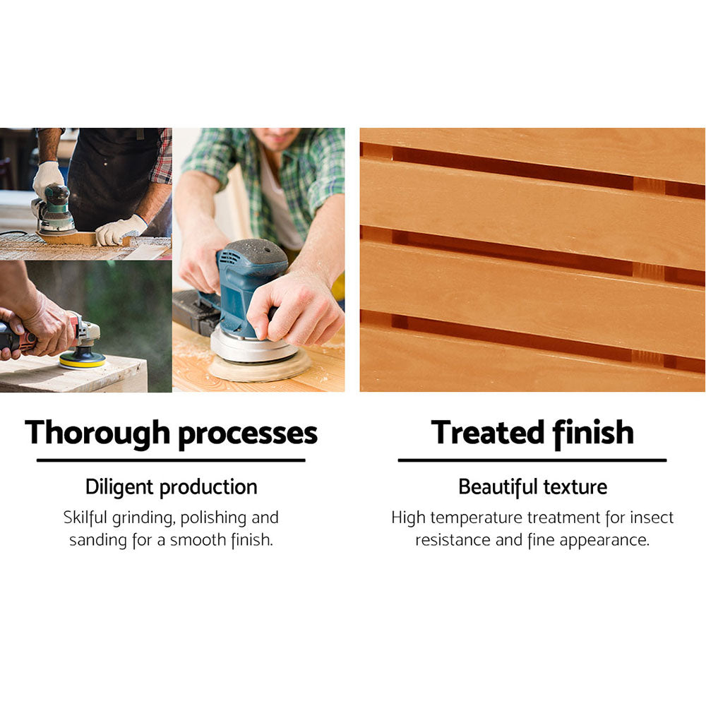 Bench craftsmanship panel: workers sanding, slat close-up; text: thorough processes, treated finish, insect resistance