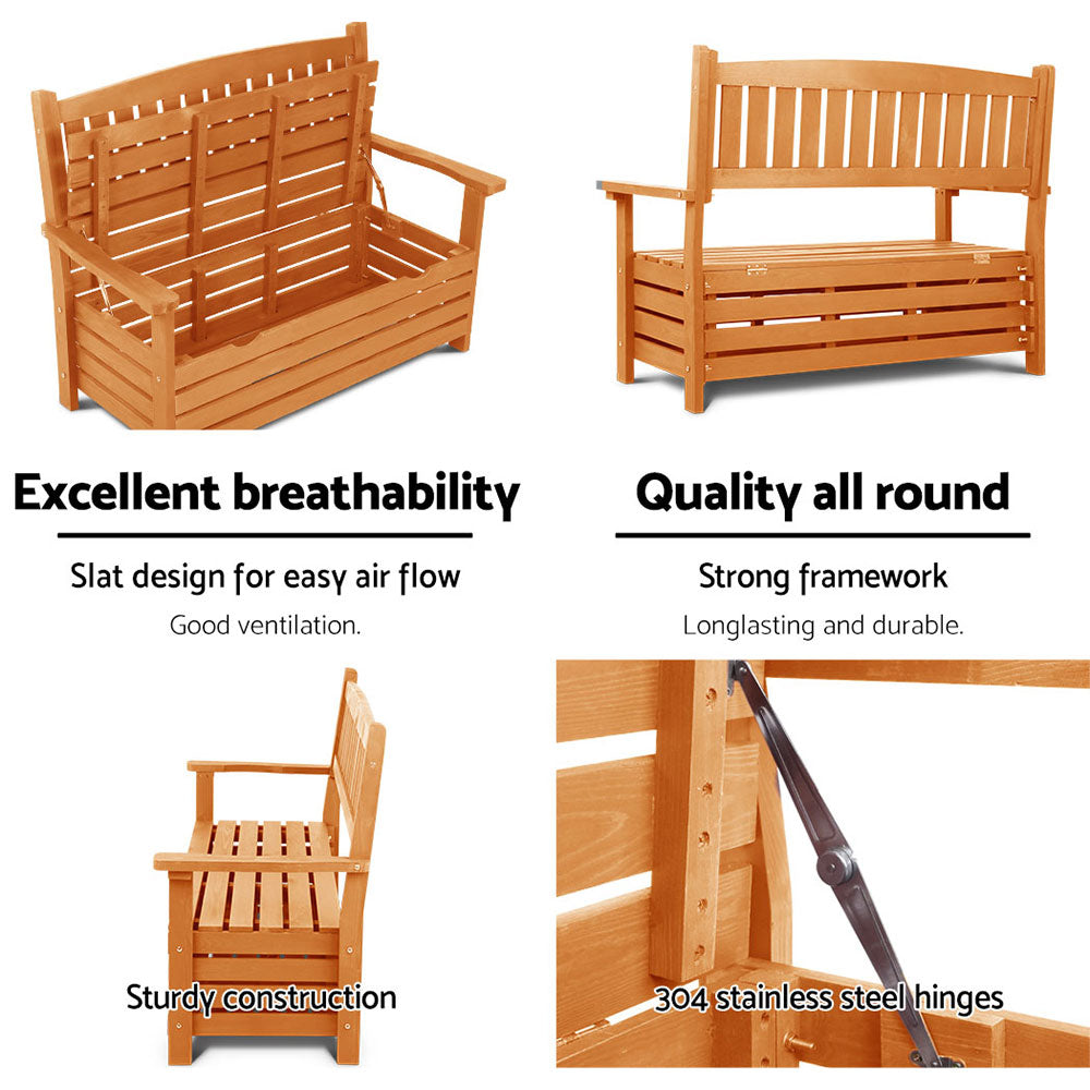 Garden bench features: open interior, side view, hinge close-up; text: slat breathability, 304 stainless steel hinges
