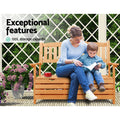 Woman and child seated on natural wood garden bench reading in porch; text: exceptional features, 120L storage capacity