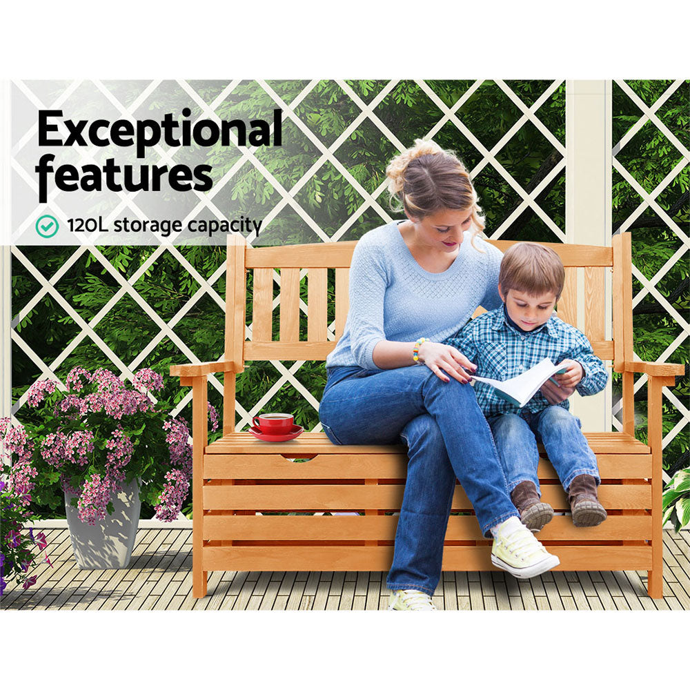 Woman and child seated on natural wood garden bench reading in porch; text: exceptional features, 120L storage capacity
