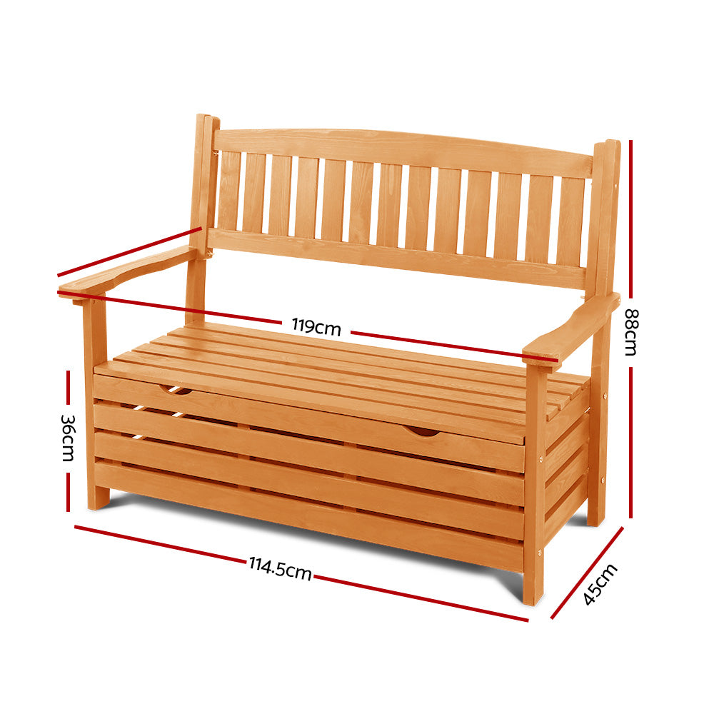 Natural wood garden storage bench dimensions: 119cm width, 45cm depth, 88cm height, 36cm storage section height