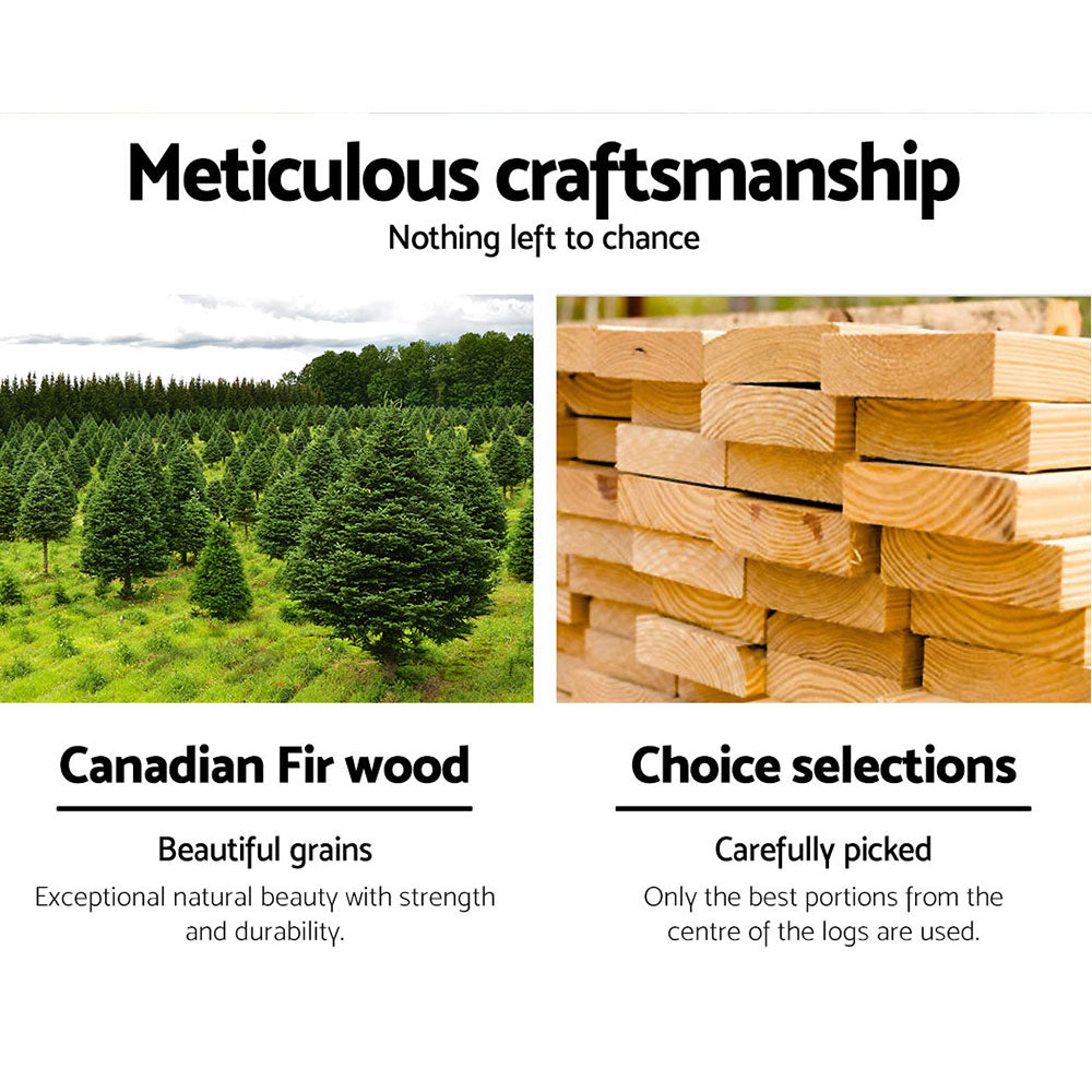 Garden bench material panel: Canadian Fir forest and stacked lumber; text: Canadian Fir wood, best log centre selections used