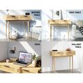 Natural wood rattan console table uses infographic showing bedside table, sofa table, desk and hallway table configurations