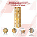 Bamboo rotating tower bookshelf features infographic: sturdy construction, colour wood, material bamboo, easy to assemble
