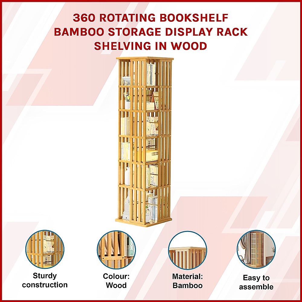 Bamboo rotating tower bookshelf features infographic: sturdy construction, colour wood, material bamboo, easy to assemble