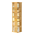 Natural wood slat rotating tower shelf loaded with books, stationery, and storage boxes, white background