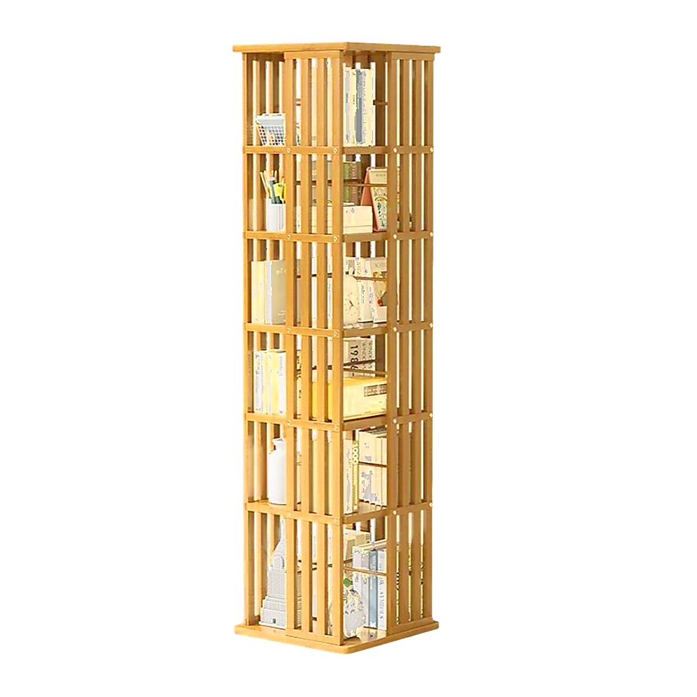 Natural wood slat rotating tower shelf loaded with books, stationery, and storage boxes, white background