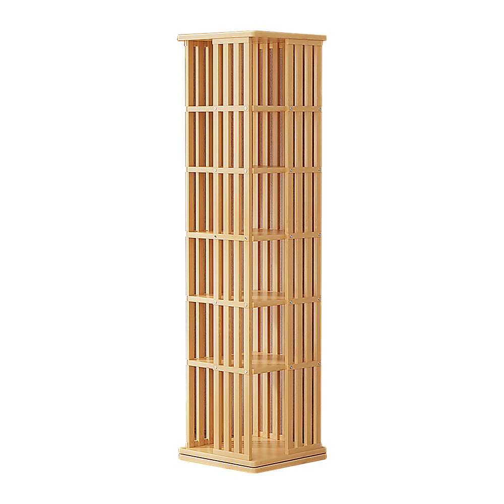 Natural wood slat-sided rotating tower bookshelf with 5 tiers, empty, three-quarter angle view on white background