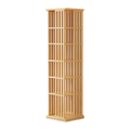 Natural wood slat-sided rotating tower bookshelf with 5 tiers, empty, three-quarter angle view on white background