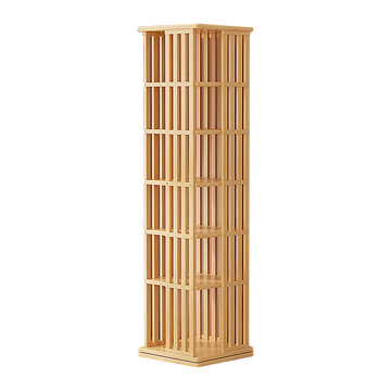Natural wood slat-sided rotating tower bookshelf with 5 tiers, empty, three-quarter angle view on white background