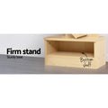 Close-up of natural wood tree bookshelf base showing open bottom shelf; text reads Firm stand and labels Bottom shelf