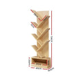 Natural wood 7-tier tree bookshelf dimensions: 124cm tall, 40cm wide, 19.5cm deep, shelves 35cm and 17cm, base 37x20x11cm