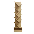 Natural wood 9-tier tree-shaped bookshelf with diagonal shelves and base storage shelf, front view on white background