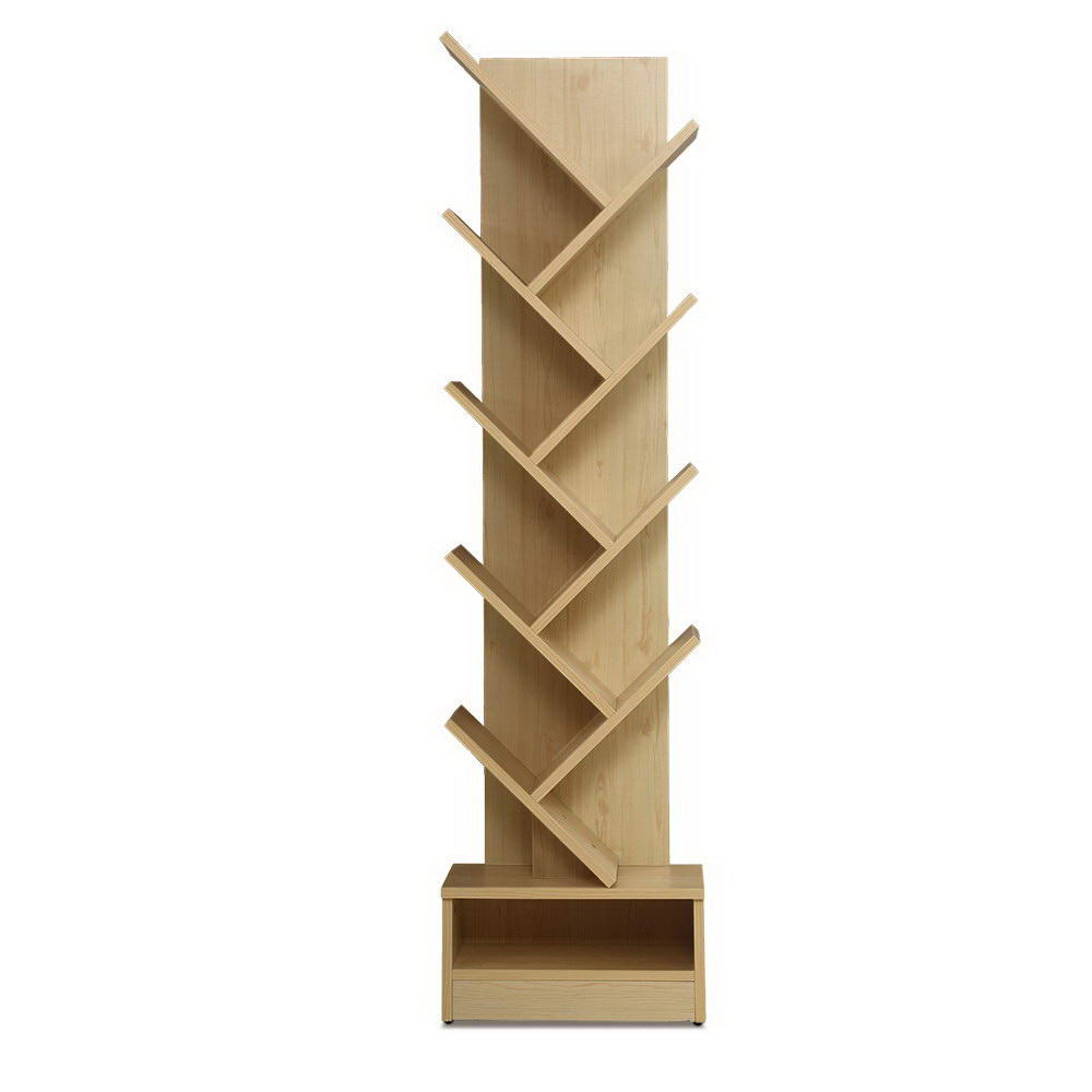 Natural wood 9-tier tree-shaped bookshelf with diagonal shelves and base storage shelf, front view on white background