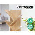 Natural wood tree bookshelf detail with text Ample storage wide backboard, 9 tiers and 5kg capacity per tier badges