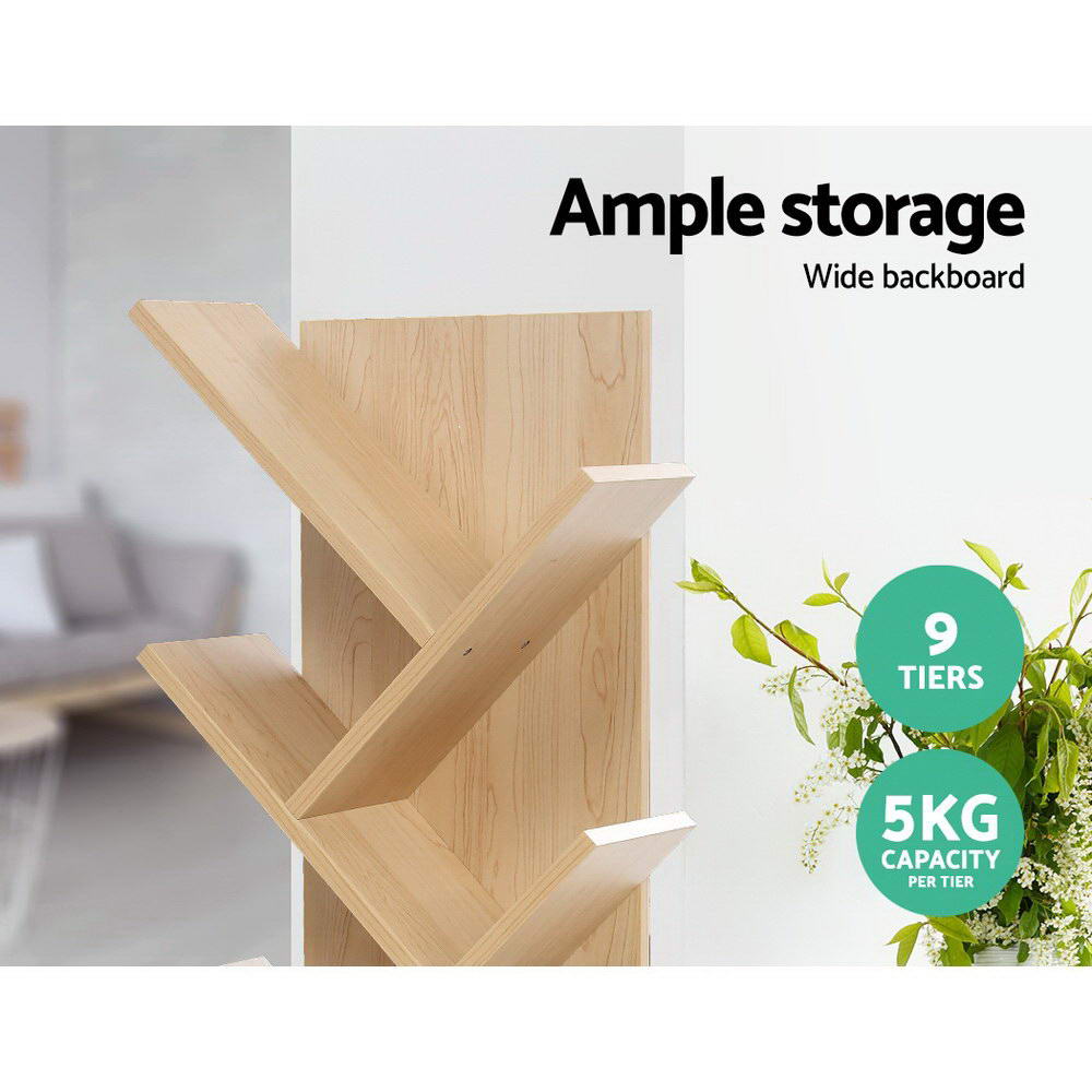 Natural wood tree bookshelf detail with text Ample storage wide backboard, 9 tiers and 5kg capacity per tier badges