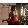 Natural woven paper rope room divider in dressing room lifestyle with woman in red dress at lit Hollywood vanity mirror