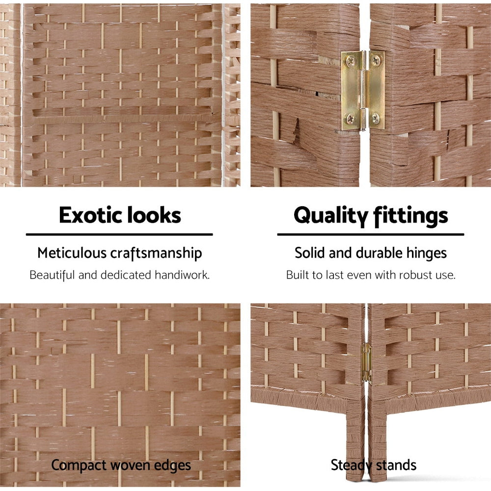 Natural woven paper rope room divider feature close-ups showing woven texture gold hinge compact edges and steady stand feet