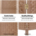 Natural woven paper rope room divider features woven texture close-up gold hinge compact woven edges and steady stands