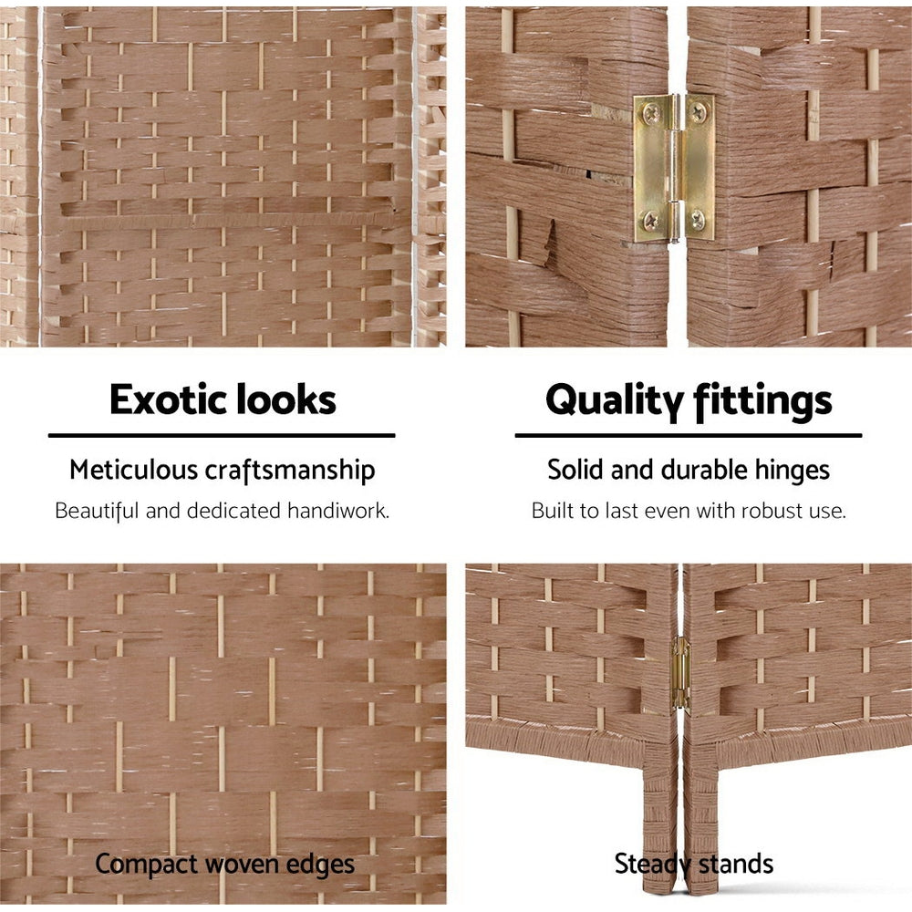 Natural woven paper rope room divider features woven texture close-up gold hinge compact woven edges and steady stands