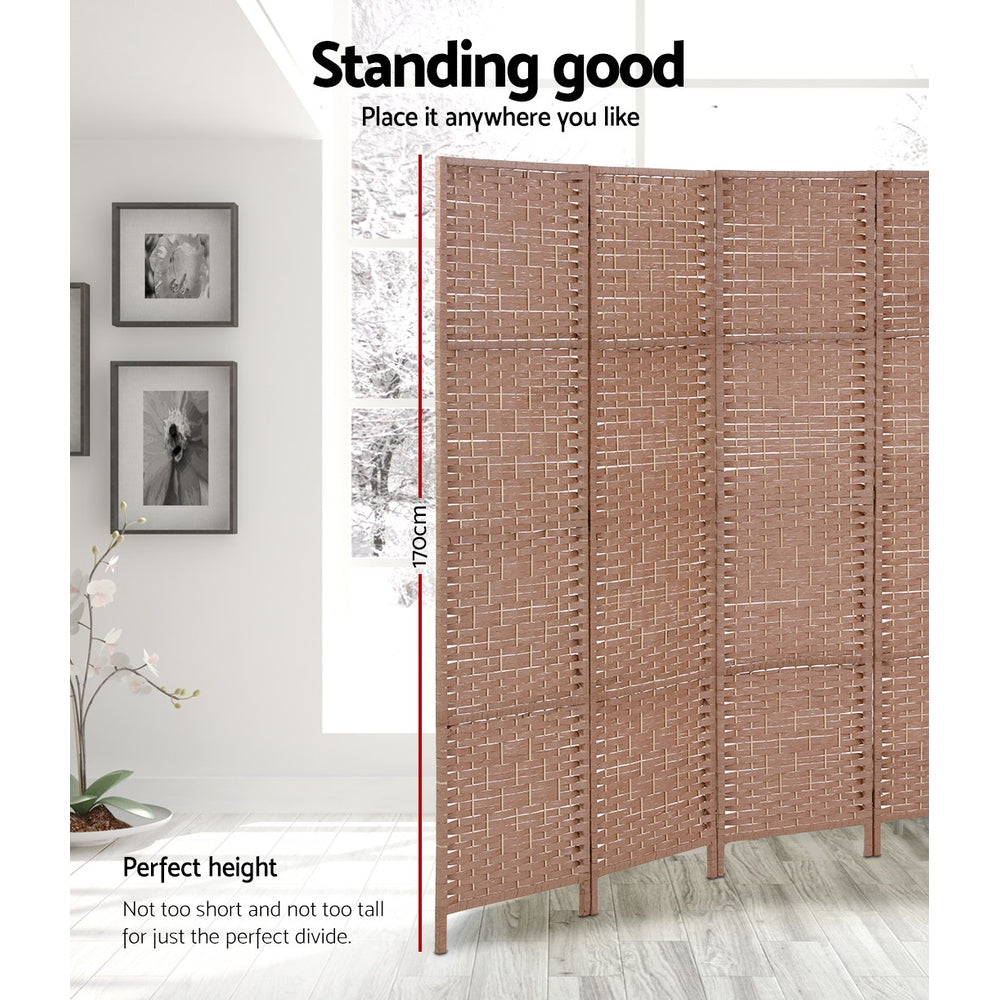 Natural woven paper rope room divider height infographic showing 170cm measurement in lifestyle room with framed wall art