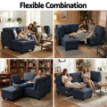 Dark navy 5-seat sectional sofa flexible combination infographic with four different family seating scenes