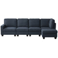 Dark navy 5-seat sectional sofa front view with chaise on right end, removable back cushions, black square feet