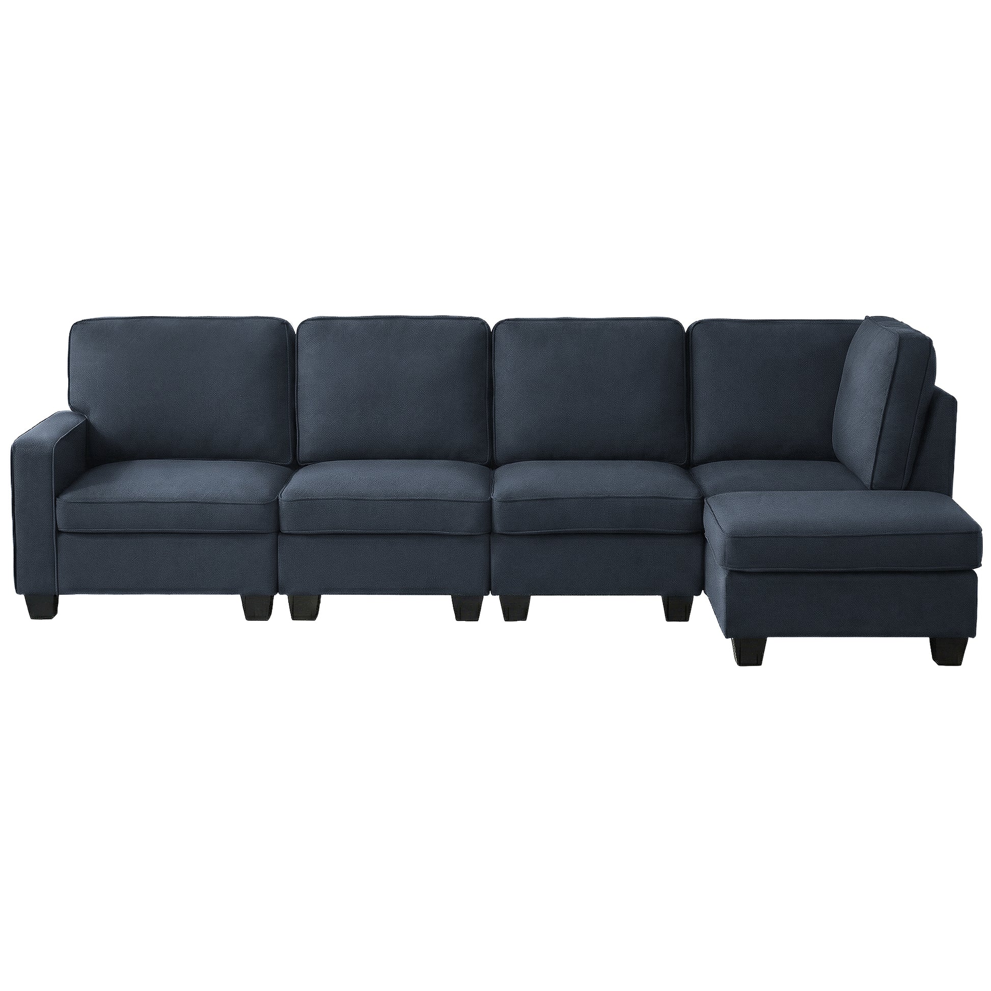 Dark navy 5-seat sectional sofa front view with chaise on right end, removable back cushions, black square feet