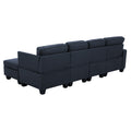Dark navy fabric sectional sofa rear view showing chaise on left, zippered pockets on seat backs and black feet