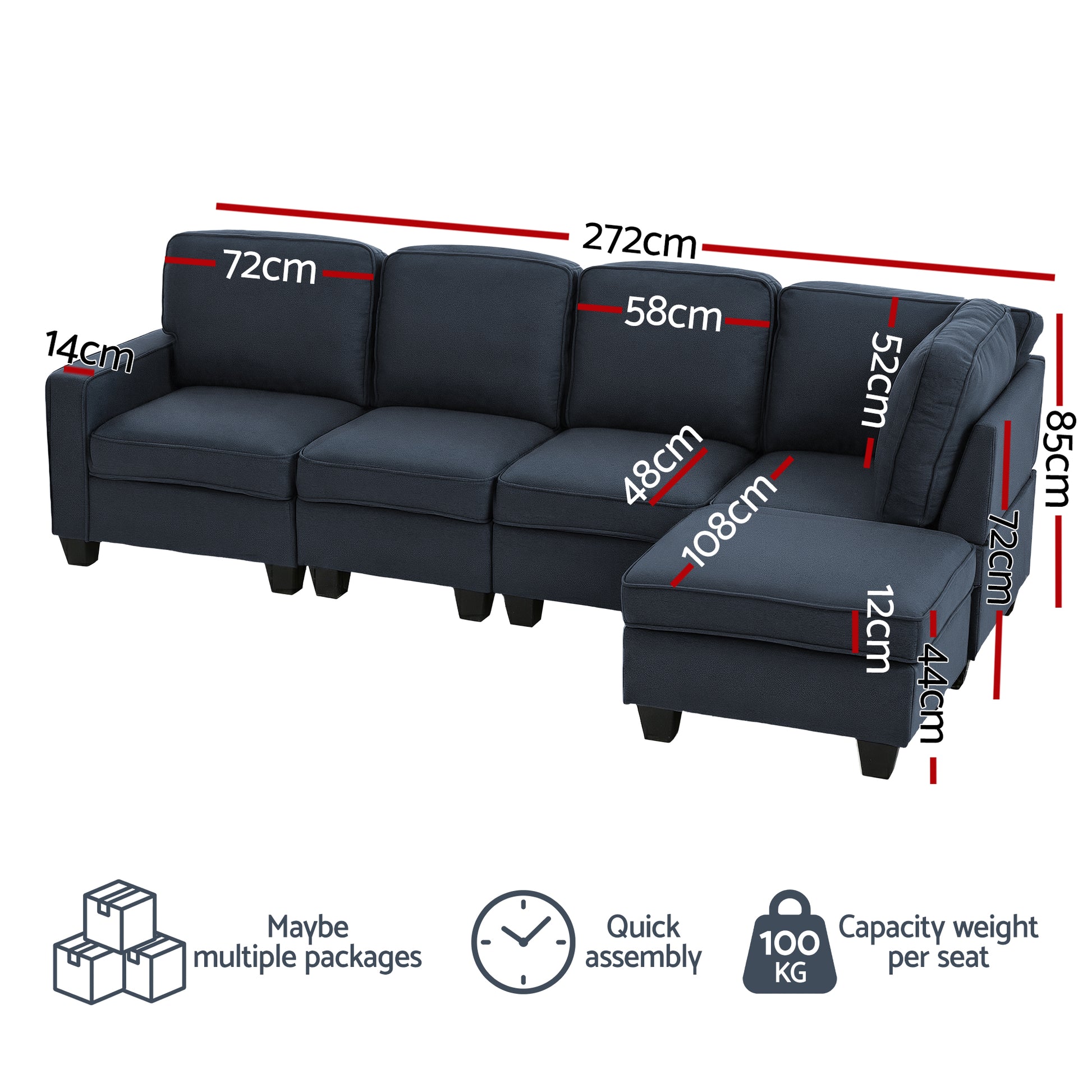 Dark navy 5-seat sectional sofa dimensions: 272cm wide, 85cm height, chaise 108cm depth, 100kg per seat