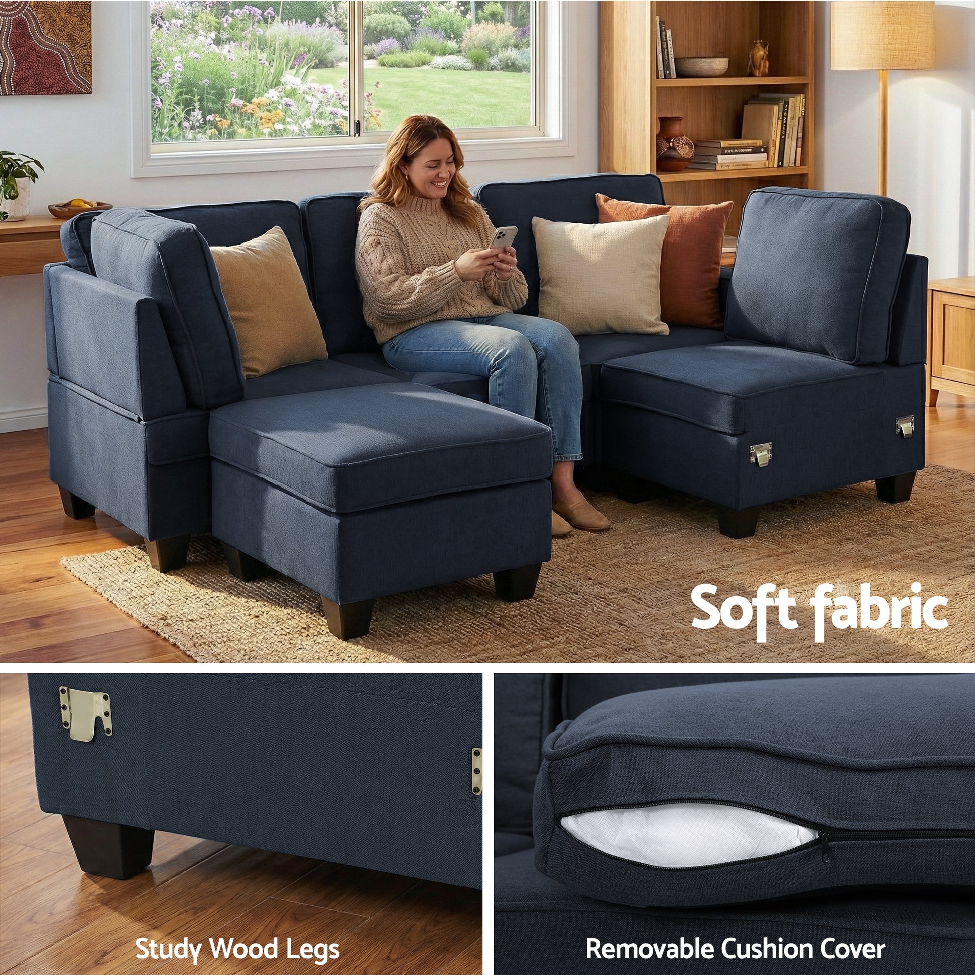 Dark navy 5-seat sectional sofa with woman seated, showing wood leg connector and removable cushion cover