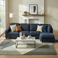 Dark navy 5-seat fabric sectional sofa with chaise in living room with white brick fireplace and rug