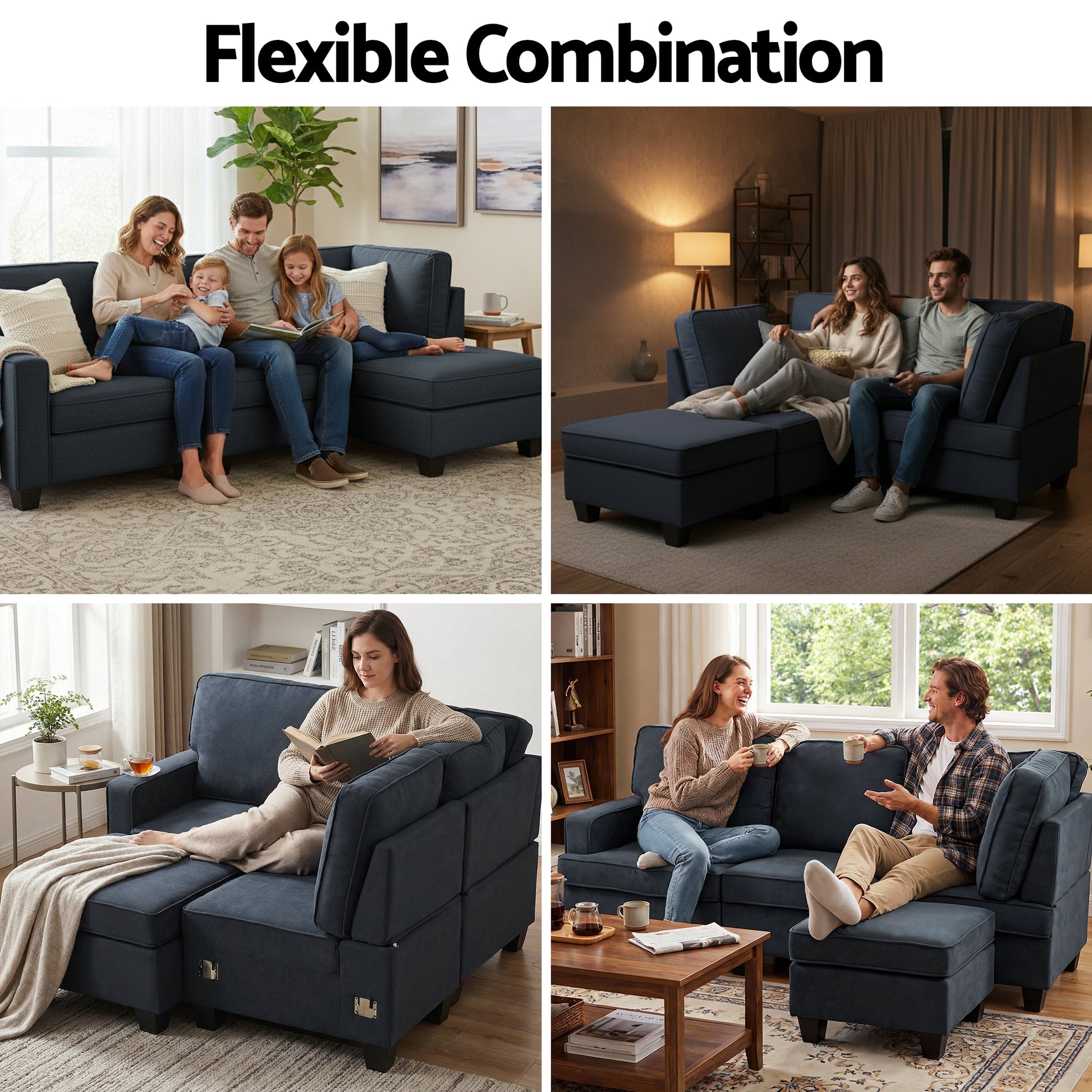Dark navy sectional sofa flexible combination infographic showing four different seating arrangements